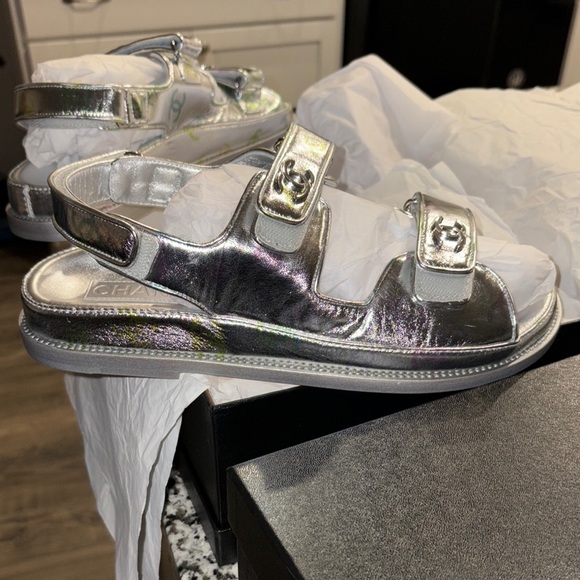 CHANEL Silver Sandals with Adjustable Straps - Picture 1 of 7